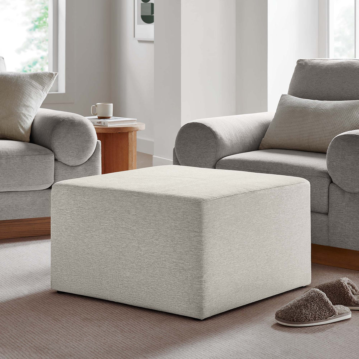 Callum Large 28-inch Square Woven Heathered Fabric Upholstered Ottoman set of 2 in light gray on Tampa Home & Garden Store