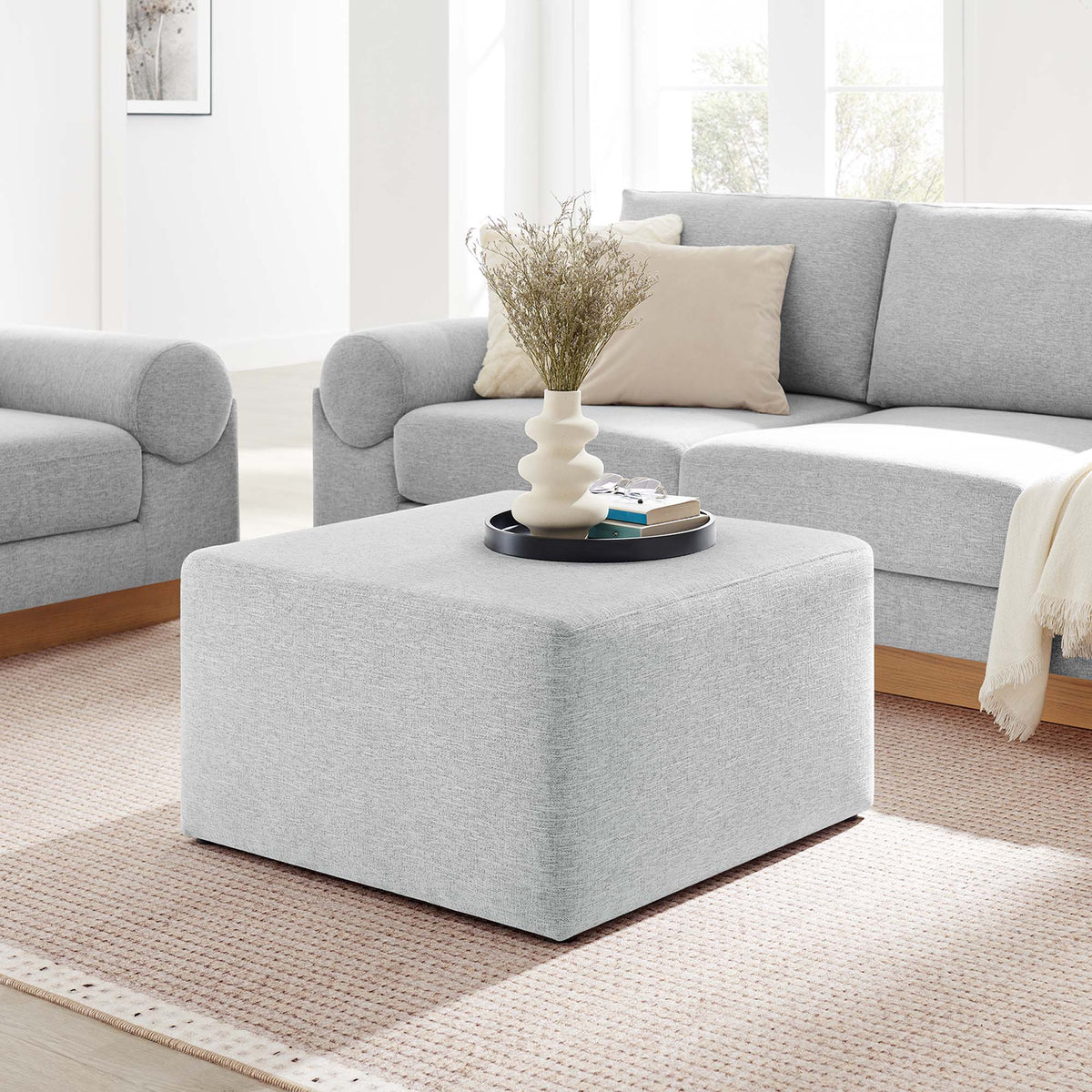 Callum Large 28in square woven heathered fabric upholstered ottoman by Modway in light gray on Tampa Home & Garden Store