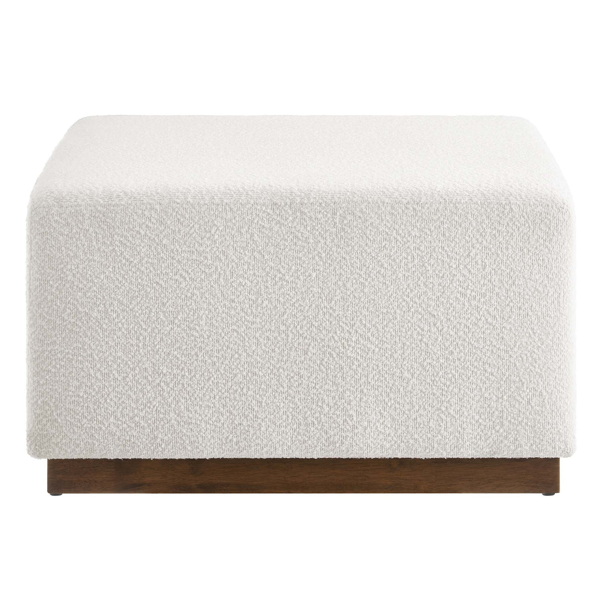 Tilden 28in square boucle upholstered ottoman cream fabric with dark wood base on Tampa Home & Garden Store