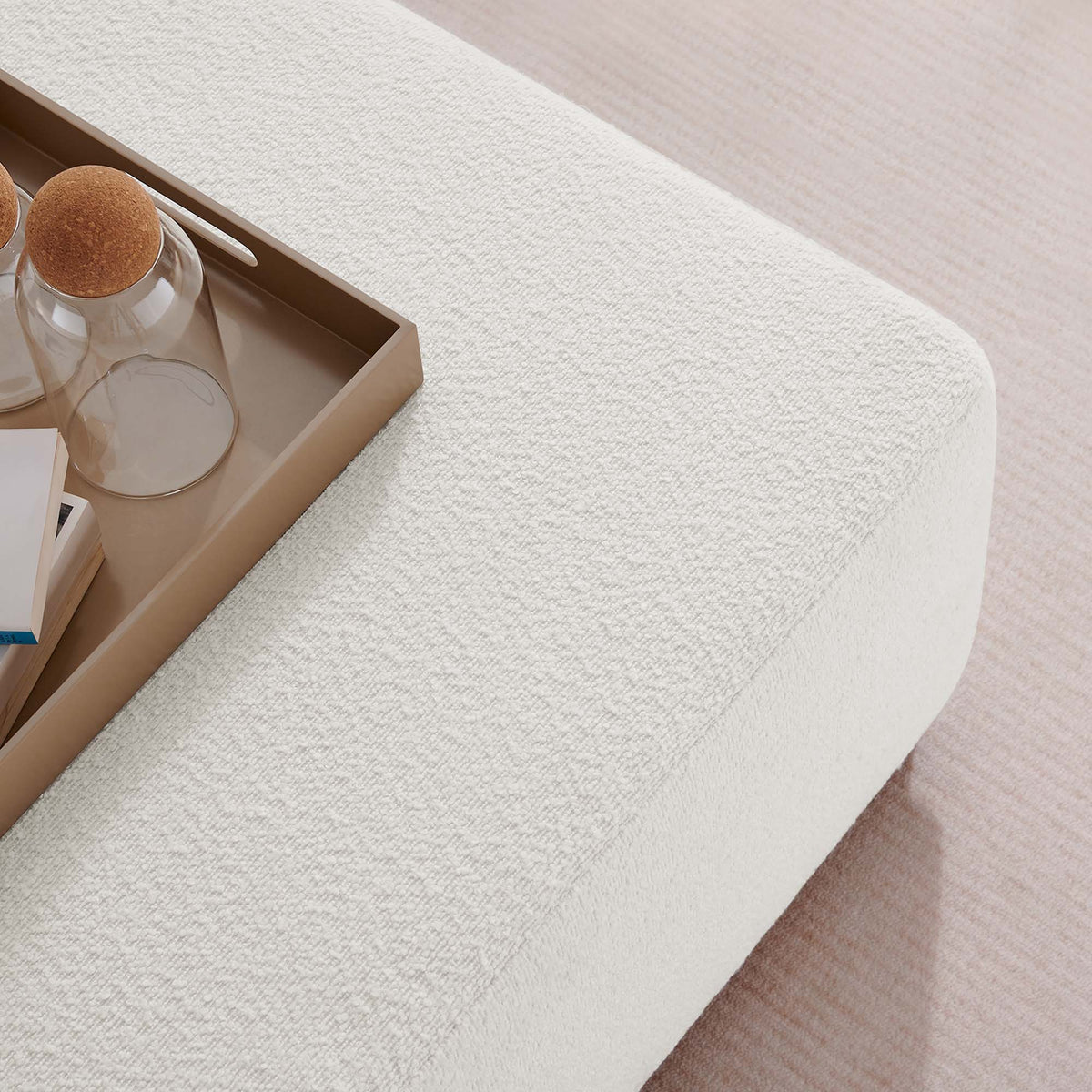 Modway Tilden 28in square boucle ottoman in cream fabric with tan tray and glass decanters on Tampa Home & Garden Store