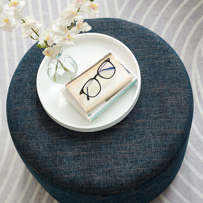 Callum large round woven heathered fabric upholstered ottoman in denim blue with white tray on Tampa Home & Garden Store