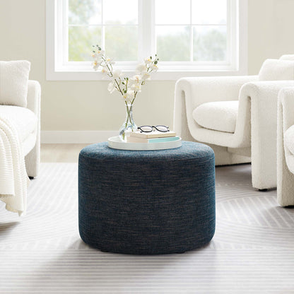 Callum large round woven fabric ottoman in dark blue by Modway in a bright living room on Tampa Home & Garden Store
