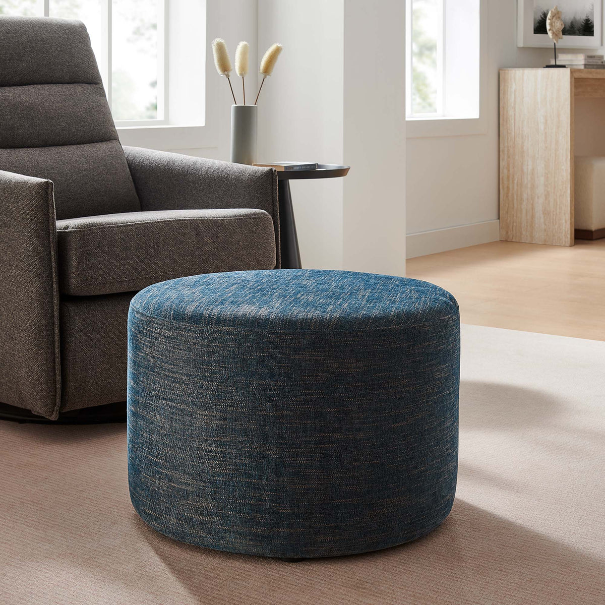 Callum large round woven heathered fabric upholstered ottoman in blue by Modway on Tampa Home & Garden Store