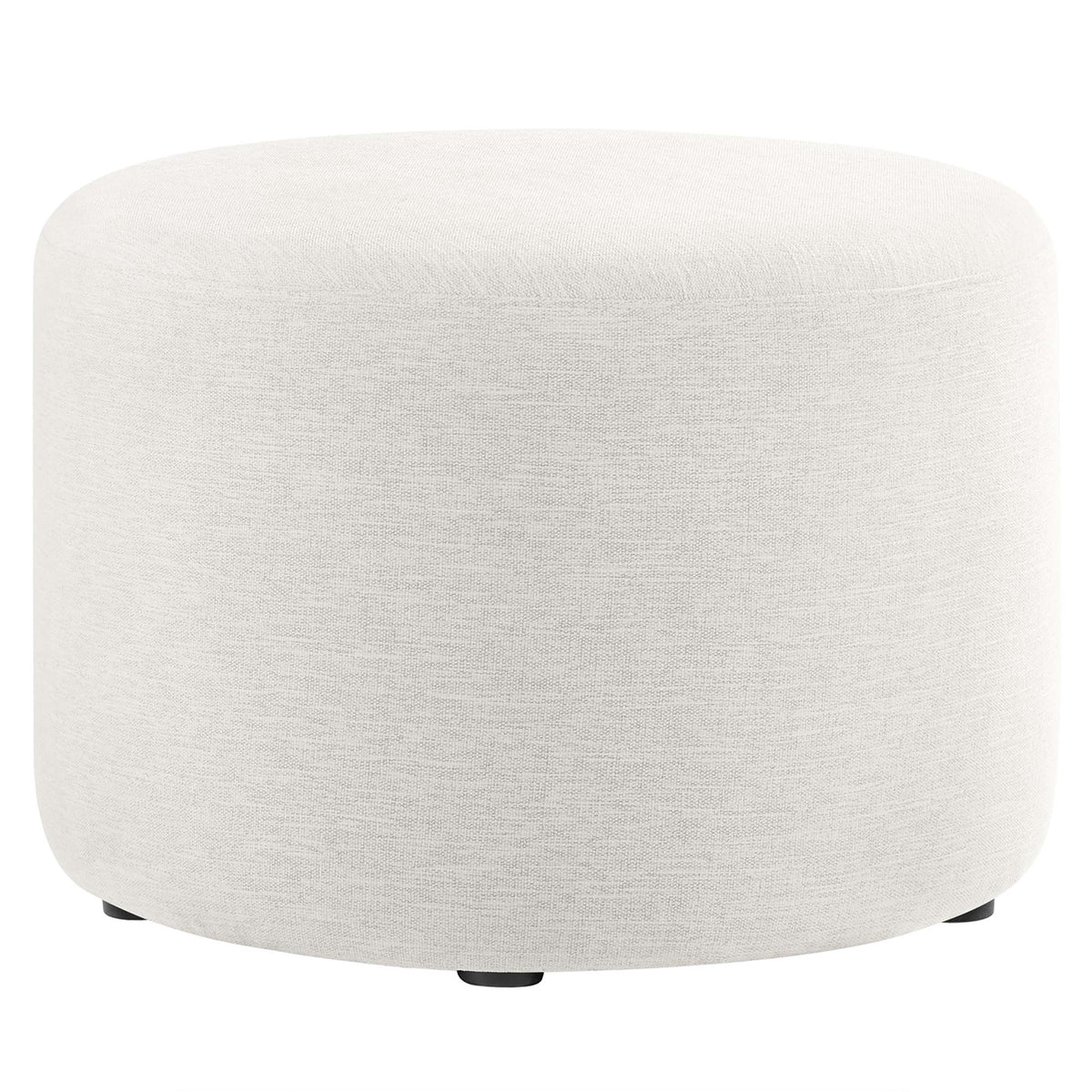 Callum large round woven heathered fabric upholstered ottoman in cream with black feet on Tampa Home & Garden Store