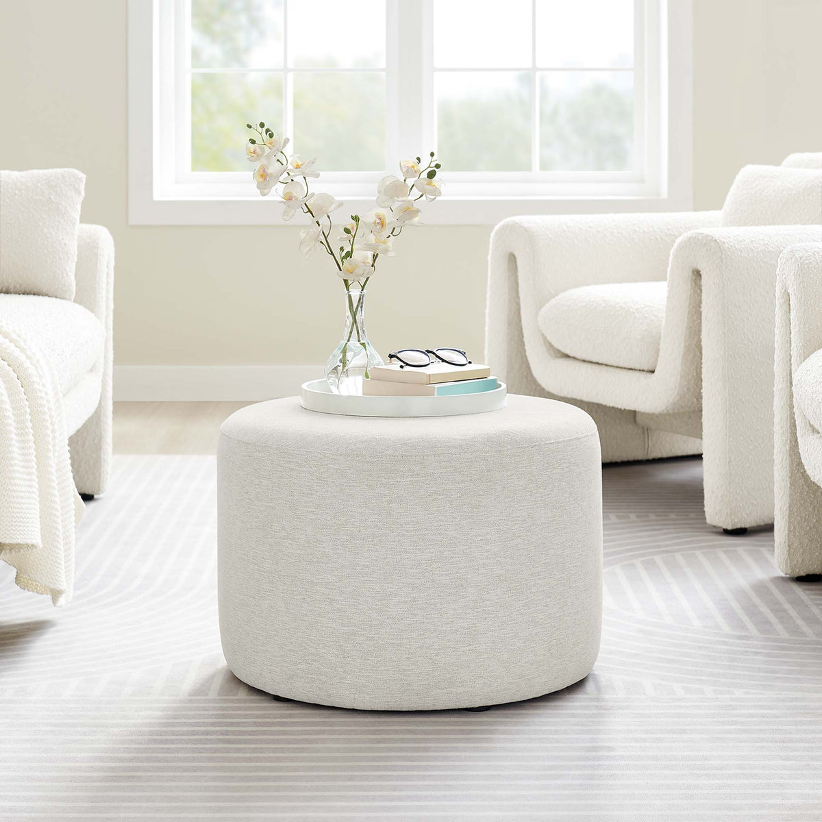 Callum Large Round Woven Heathered Fabric Upholstered Ottoman cream set of three on Tampa Home & Garden Store
