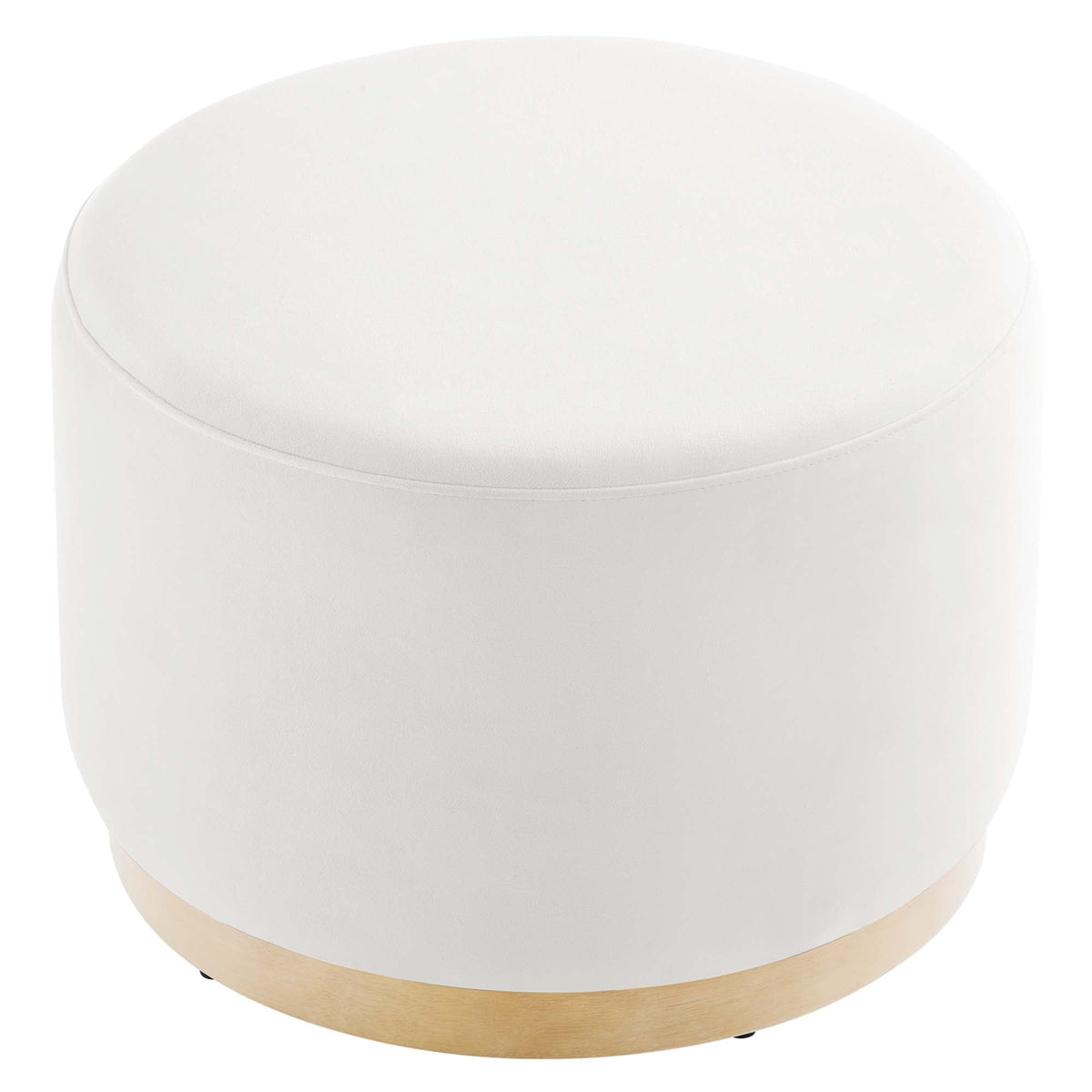Tilden large round velvet ottoman by HouseOfZazla, white velvet with natural wood base on Tampa Home & Garden Store