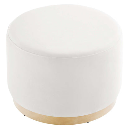 Tilden large round velvet ottoman by HouseOfZazla, white velvet with natural wood base on Tampa Home & Garden Store