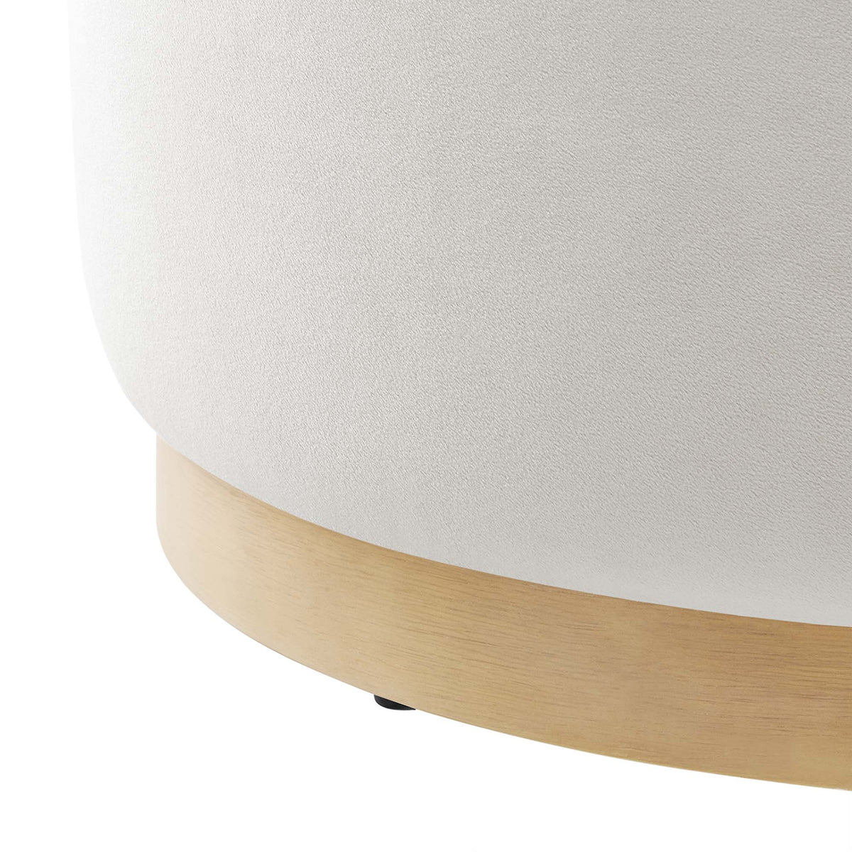Tilden Large Round Performance Velvet Ottoman with light gray fabric and curved wood base on Tampa Home & Garden Store