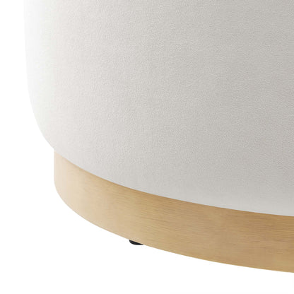 Tilden Large Round Performance Velvet Ottoman with light gray fabric and curved wood base on Tampa Home & Garden Store