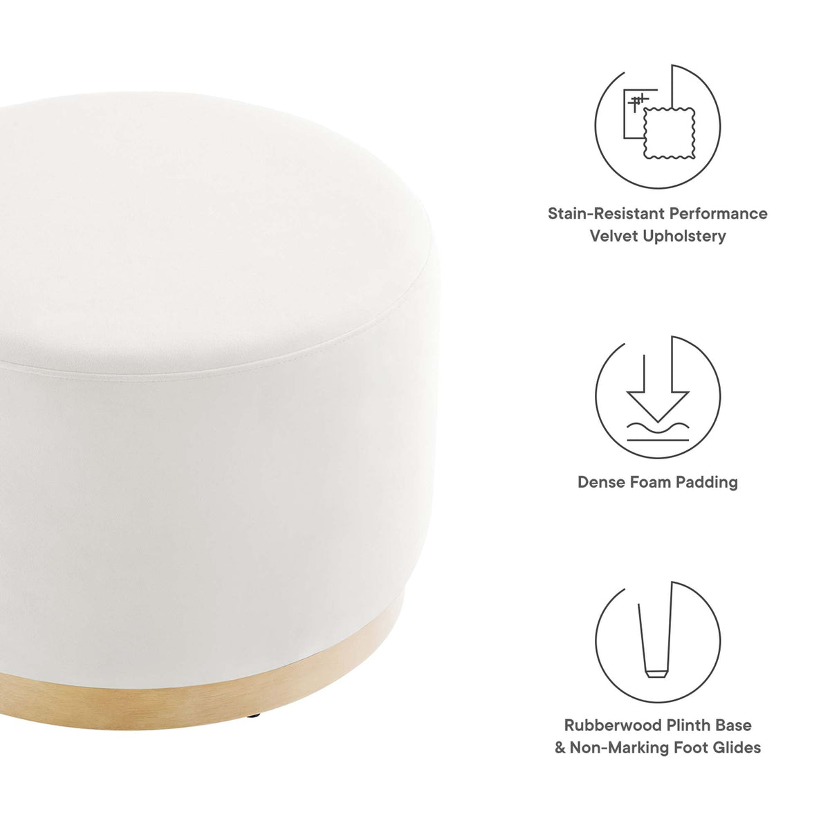 Tilden Large Round Performance Velvet Ottoman ivory with wood plinth base by HouseOfZazla on Tampa Home & Garden Store