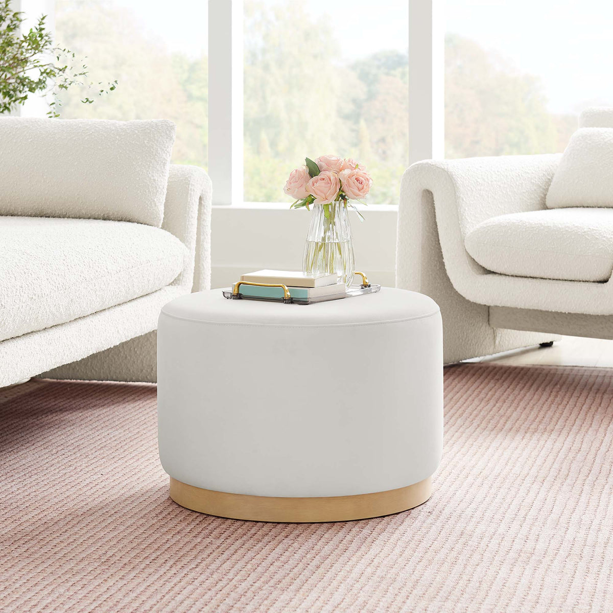 Tilden Large Round Velvet Ottoman in cream with a gold base by HouseOfZazla for living room on Tampa Home & Garden Store