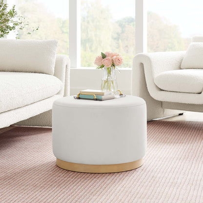 Tilden Large Round Velvet Ottoman in cream with a gold base by HouseOfZazla for living room on Tampa Home & Garden Store
