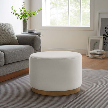 Tilden Large Round Performance Velvet Upholstered Ottoman in gray velvet with wood base on Tampa Home & Garden Store
