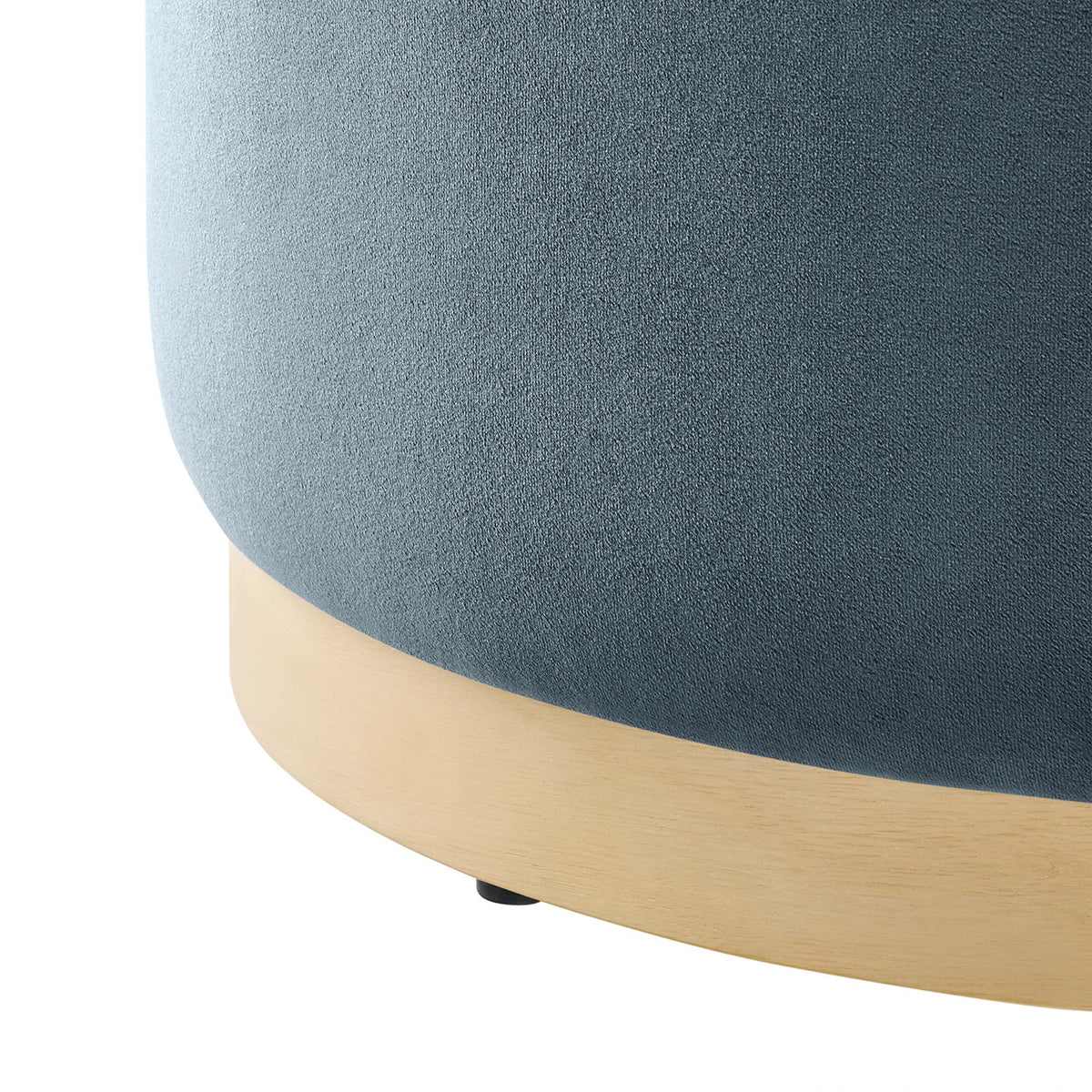 Tilden large round performance velvet ottoman in blue-gray with light wood curved base on Tampa Home & Garden Store
