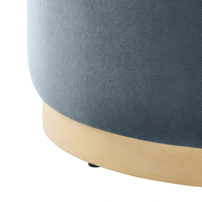 Tilden large round performance velvet ottoman in blue-gray with light wood curved base on Tampa Home & Garden Store