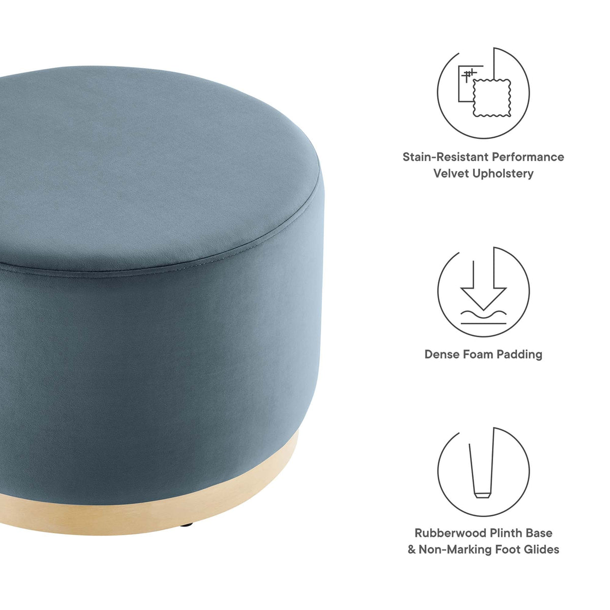 Tilden Large Round Performance Velvet Upholstered Ottoman in blue with wood base by HouseOfZazla on Tampa Home & Garden Store