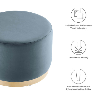 Tilden Large Round Performance Velvet Upholstered Ottoman in blue with wood base by HouseOfZazla on Tampa Home & Garden Store