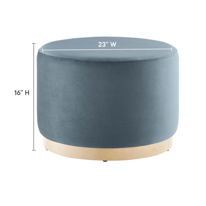 Tilden large round velvet upholstered Ottoman HouseOfZazla in blue-gray with wood base, 23W on Tampa Home & Garden Store