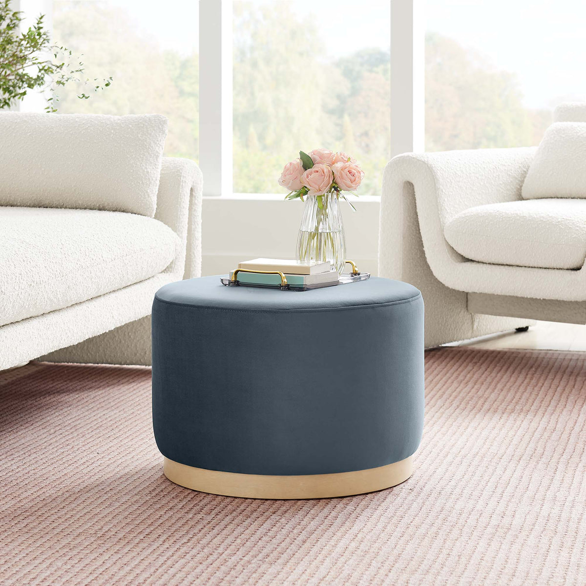 Tilden Large Round Performance Velvet Upholstered Ottoman navy with gold base on Tampa Home & Garden Store