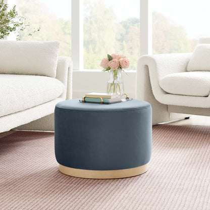 Tilden Large Round Performance Velvet Upholstered Ottoman navy with gold base on Tampa Home & Garden Store