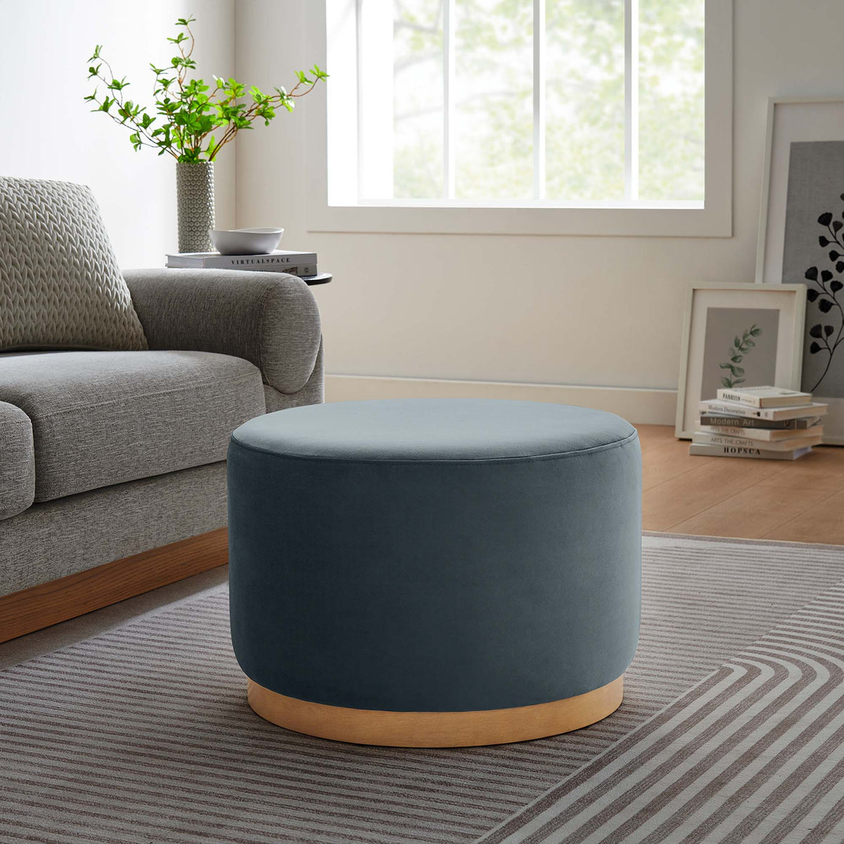 Tilden large round velvet upholstered ottoman teal blue by HouseOfZazla on Tampa Home & Garden Store