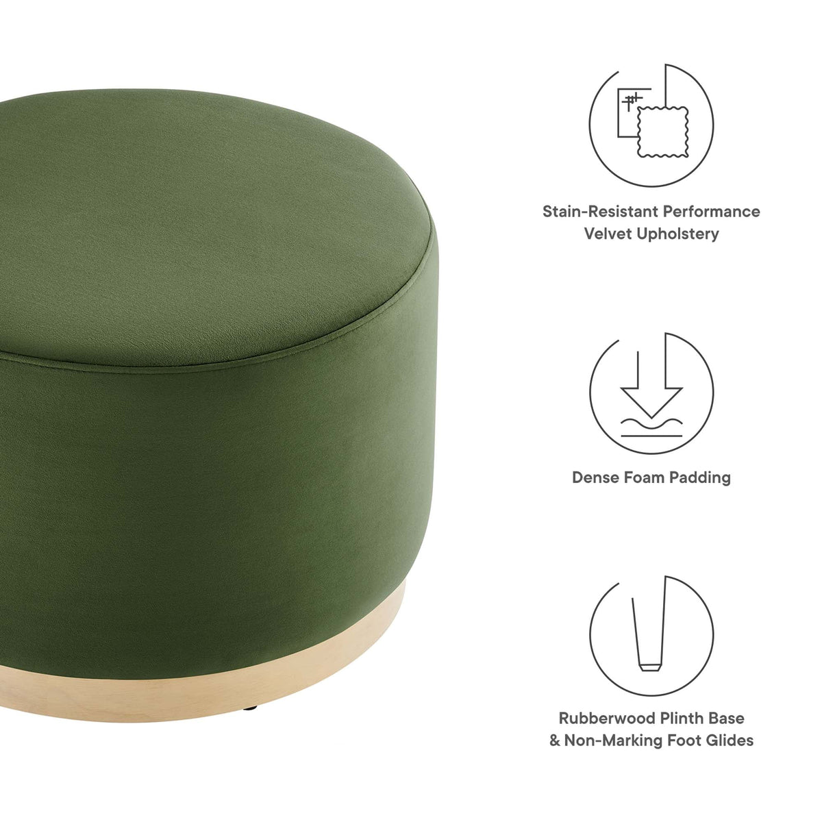 Tilden large round velvet ottoman in green with light wood plinth base on Tampa Home & Garden Store
