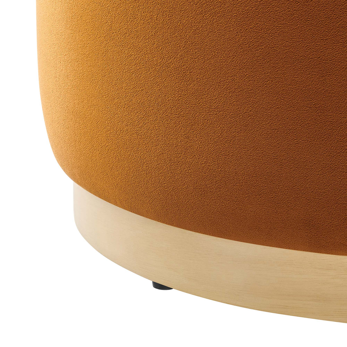 Tilden large round performance velvet upholstered ottoman caramel brown with wood base on Tampa Home & Garden Store