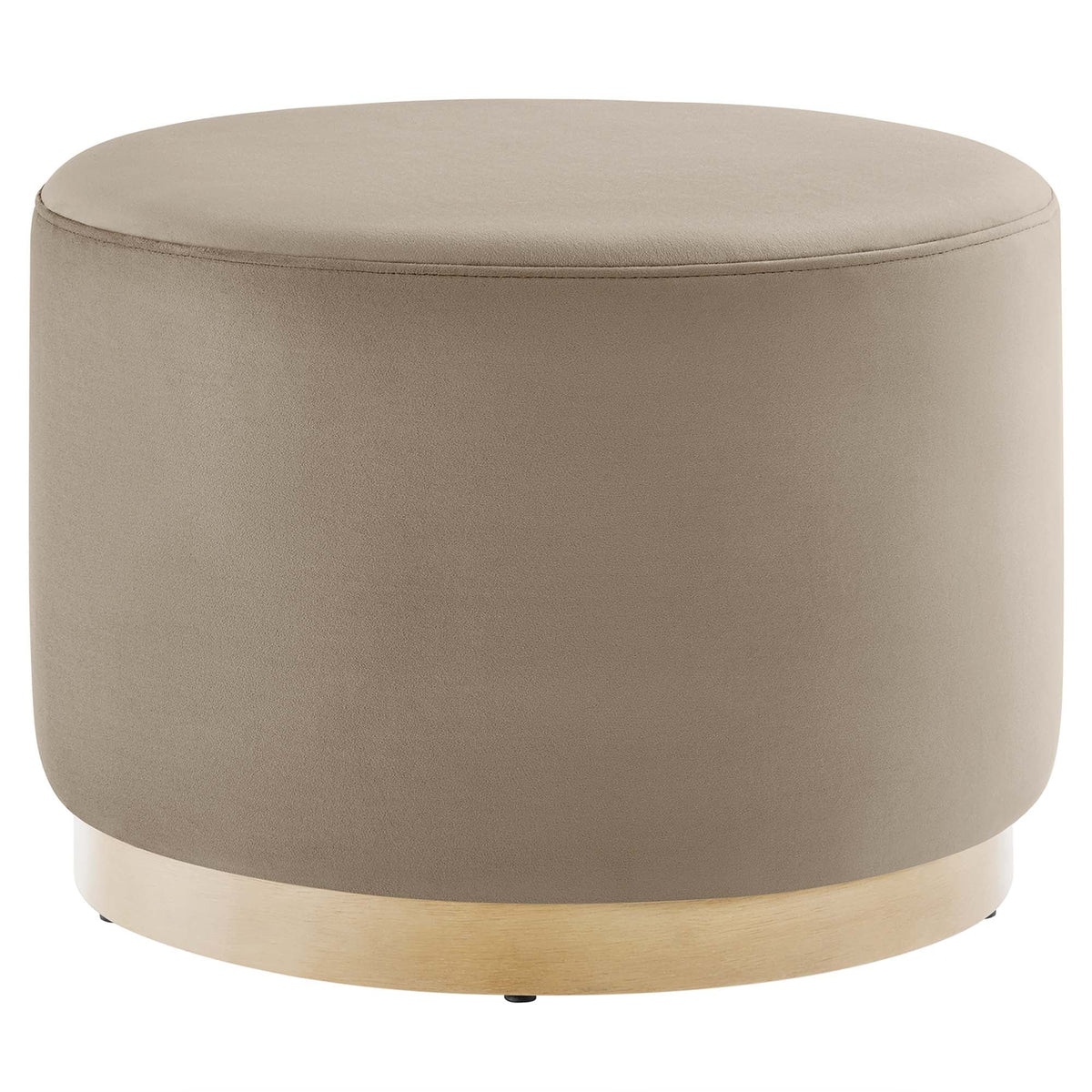 Tilden large round performance velvet upholstered ottoman in taupe with natural wood base on Tampa Home & Garden Store