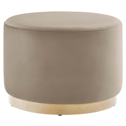 Tilden large round performance velvet upholstered ottoman in taupe with natural wood base on Tampa Home & Garden Store