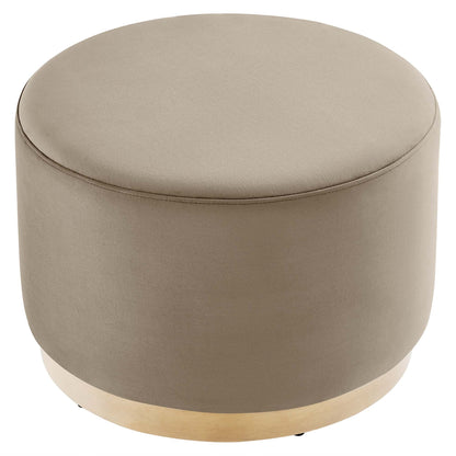 Tilden Large Round Velvet Upholstered Ottoman taupe beige with wood base by HouseOfZazla on Tampa Home & Garden Store