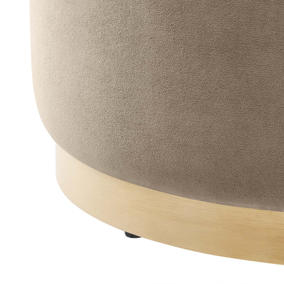 Tilden Large Round Velvet Upholstered Ottoman by HouseOfZazla in taupe velvet with wood base on Tampa Home & Garden Store