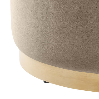 Tilden Large Round Velvet Upholstered Ottoman by HouseOfZazla in taupe velvet with wood base on Tampa Home & Garden Store