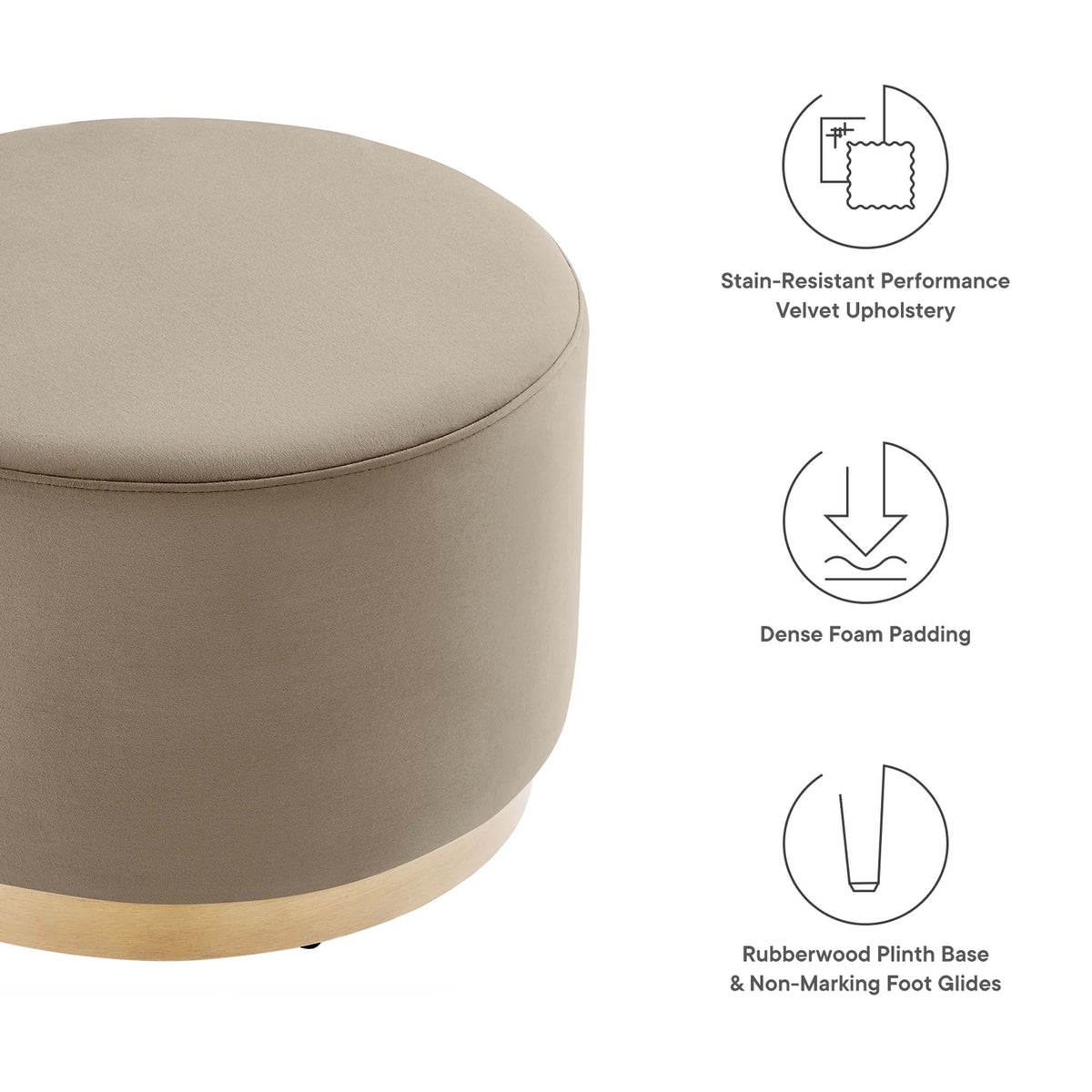 Tilden Large Round Beige Performance Velvet Upholstered Ottoman with natural wood plinth base on Tampa Home & Garden Store
