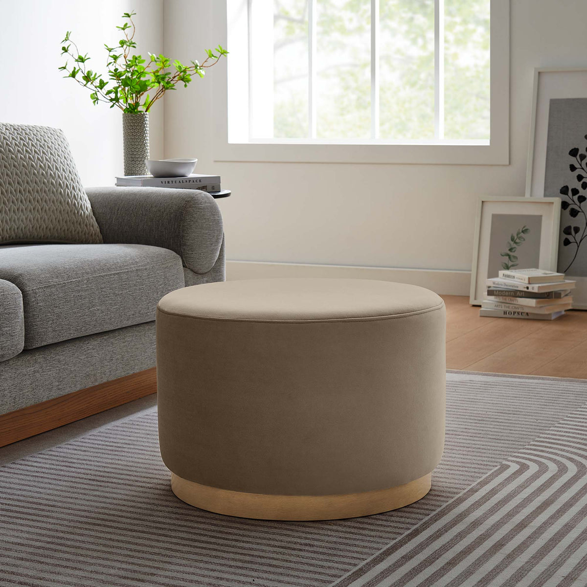 Tilden Large Round Performance Velvet Upholstered Ottoman beige by HouseOfZazla in living room on Tampa Home & Garden Store
