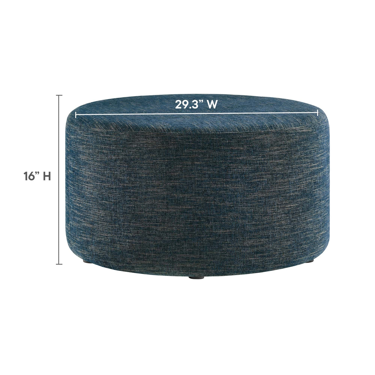 Callum large round woven heathered fabric upholstered ottoman in blue denim on Tampa Home & Garden Store