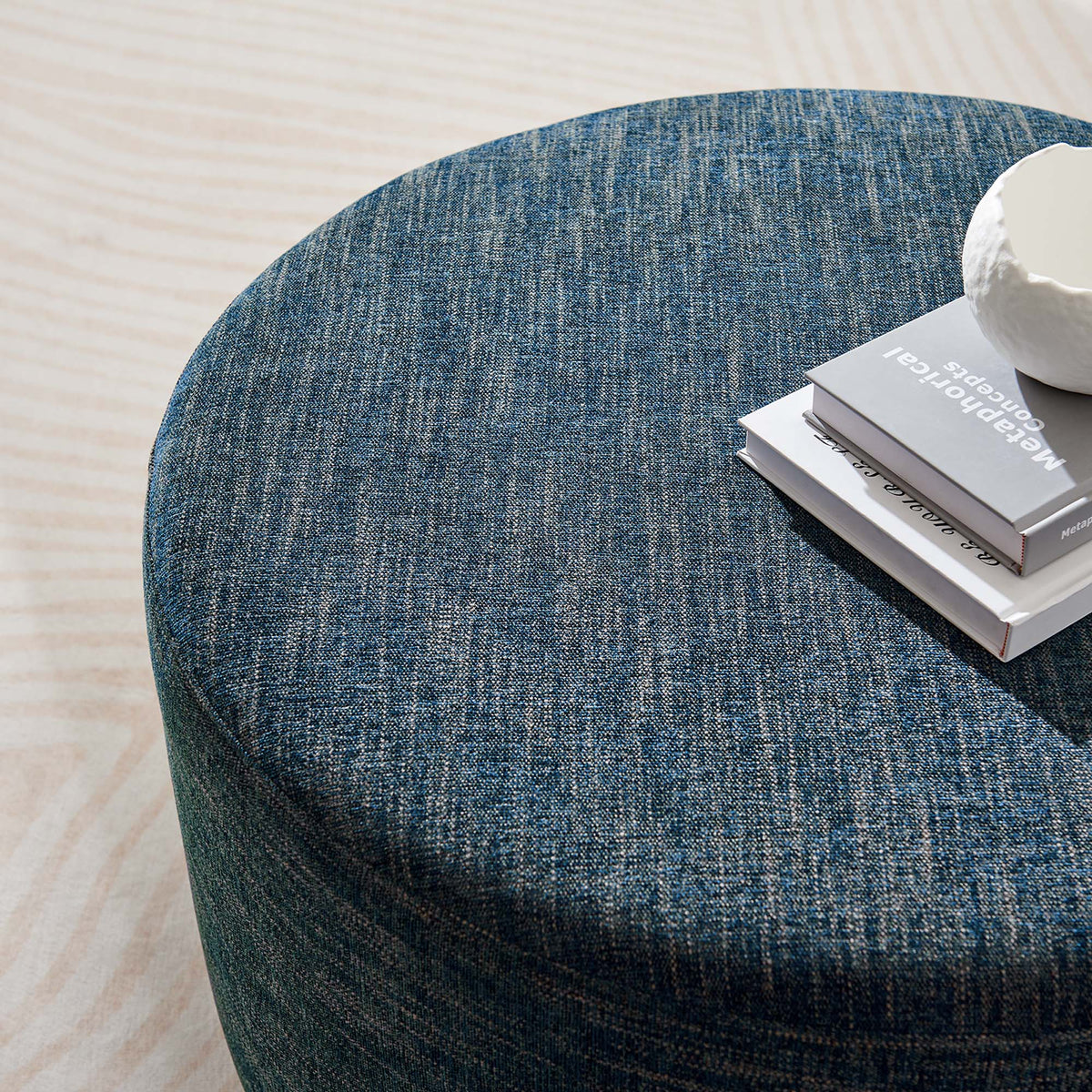 Callum large round woven fabric upholstered ottoman in blue heather by Modway on Tampa Home & Garden Store