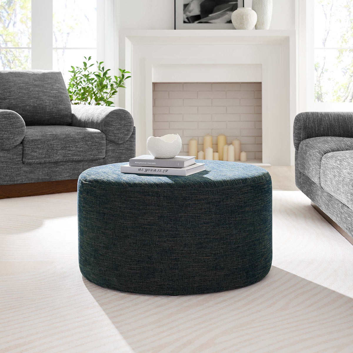 Callum Large Round Woven Heathered Fabric Upholstered Ottoman charcoal gray fabric by Modway on Tampa Home & Garden Store