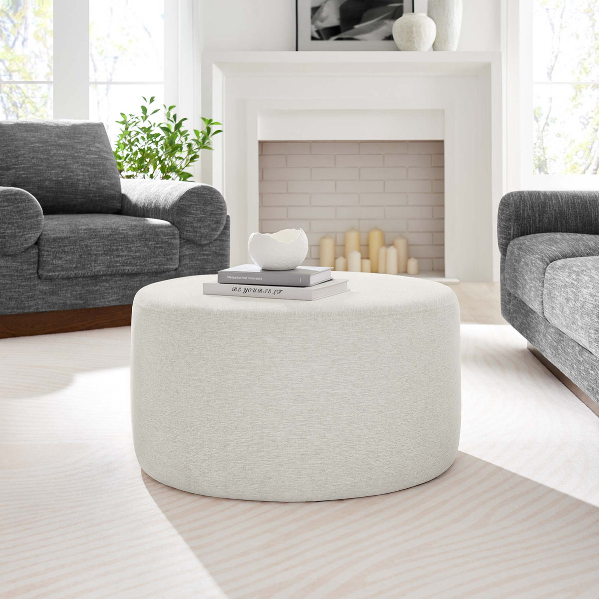 Callum large round woven heathered fabric upholstered ottomans, two pieces, light gray by Modway on Tampa Home & Garden Store