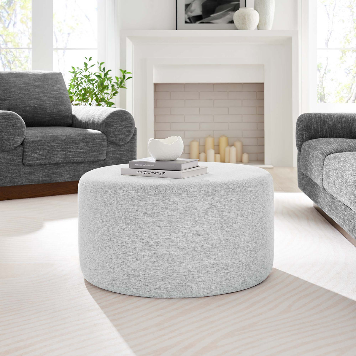 Callum large round woven heathered fabric upholstered ottomans pair by Modway gray on Tampa Home & Garden Store