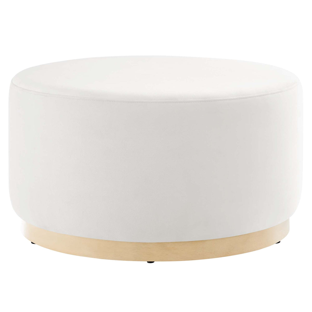 Tilden Large Round Velvet Ottoman, white velvet, light wood base, HouseOfZazla on Tampa Home & Garden Store