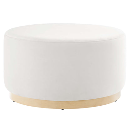 Tilden Large Round Velvet Ottoman, white velvet, light wood base, HouseOfZazla on Tampa Home & Garden Store