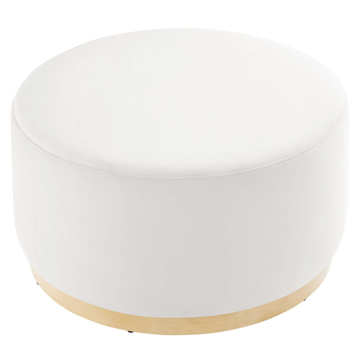 Tilden large round velvet upholstered ottoman, white with natural wood base, HouseOfZazla on Tampa Home & Garden Store