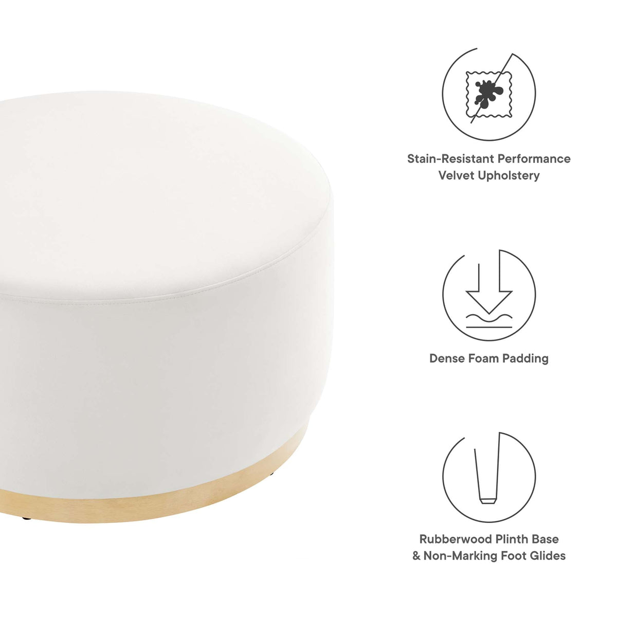 Tilden Large Round Performance Velvet Upholstered Ottoman ivory with wood base by HouseOfZazla on Tampa Home & Garden Store