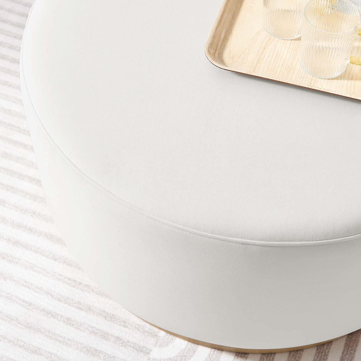 Tilden large round performance velvet ottoman in white with piped edge for living room on Tampa Home & Garden Store
