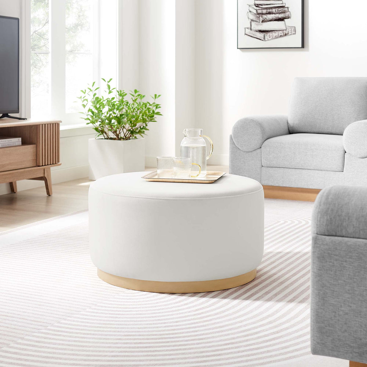 Tilden Large Round Velvet Upholstered Ottoman in gray velvet with wooden base for living room by HouseOfZazla on Tampa Home & Garden Store