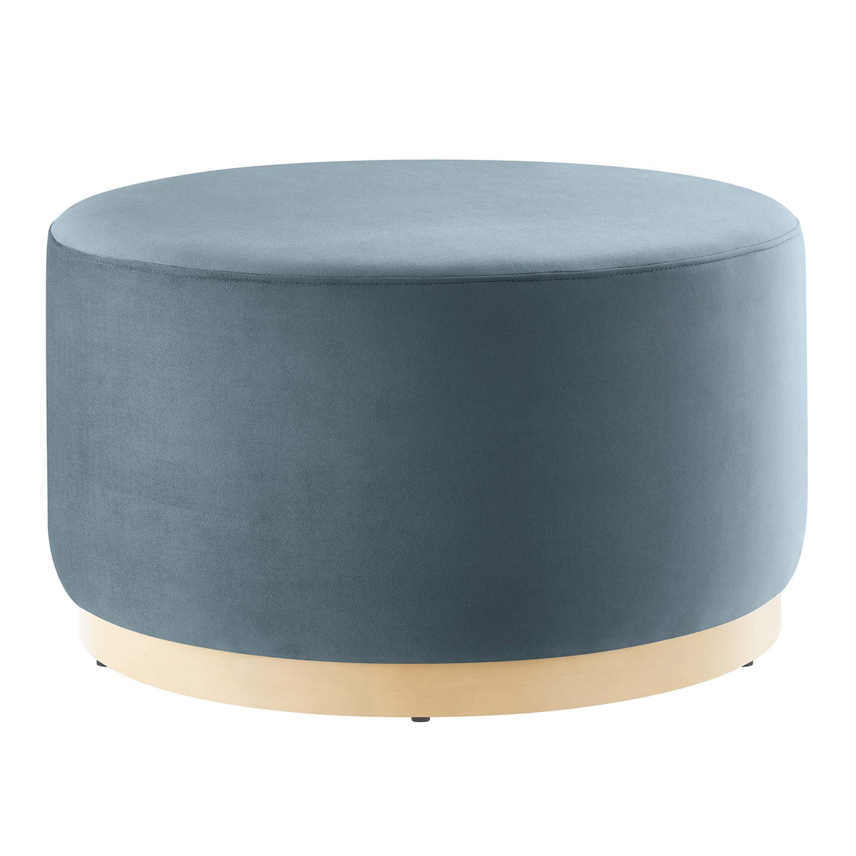 Tilden large round performance velvet upholstered ottoman blue with light wood base on Tampa Home & Garden Store