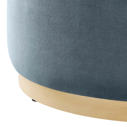Tilden Large Round Performance Velvet Upholstered Ottoman blue velvet with light wood base on Tampa Home & Garden Store