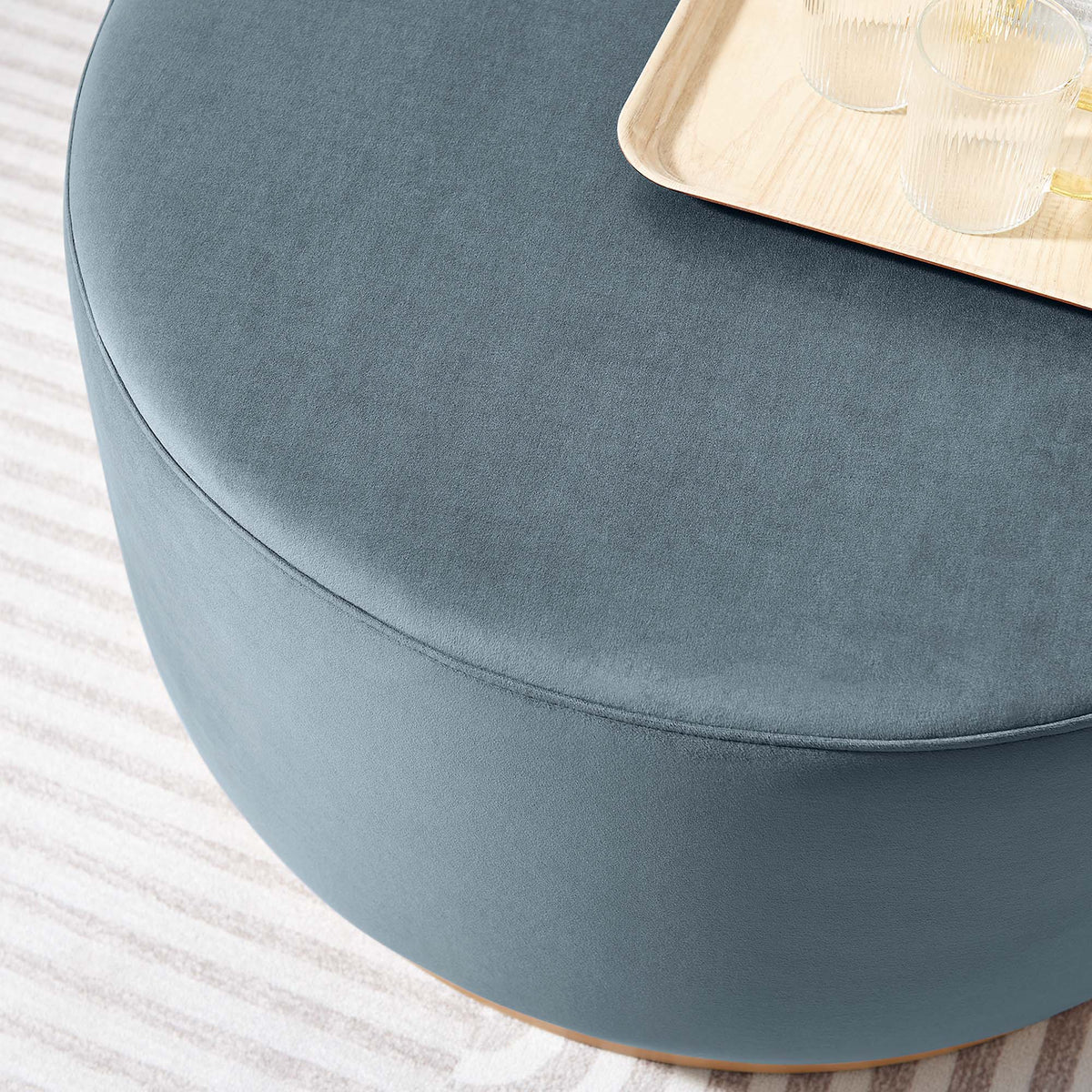 Tilden Large Round Performance Velvet Upholstered Ottoman, blue velvet, wood tray on top on Tampa Home & Garden Store