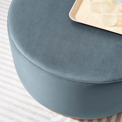 Tilden Large Round Performance Velvet Upholstered Ottoman, blue velvet, wood tray on top on Tampa Home & Garden Store