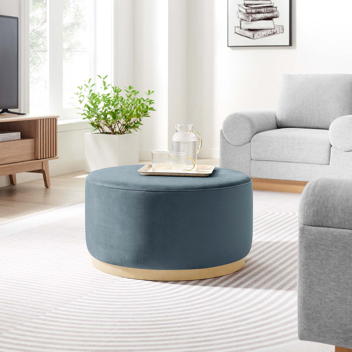 Tilden round performance velvet upholstered ottoman teal with gold-tone base HouseOfZazla on Tampa Home & Garden Store